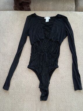 Black Long Sleeve Lace-Up cutout Bodysuit